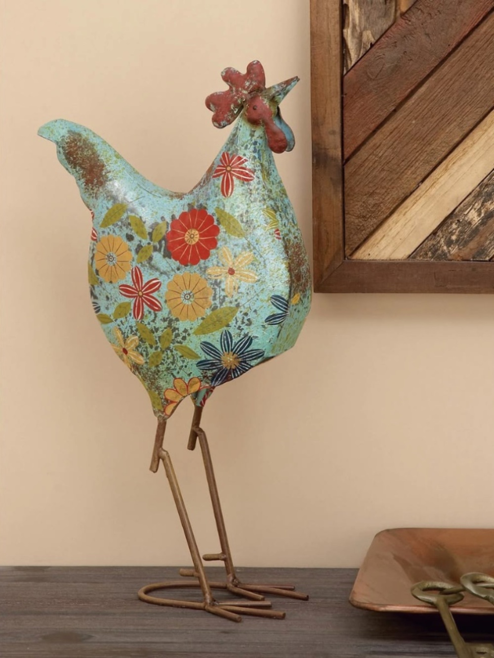 NIB Monroe Lane Eclectic Metal Garden Sculpture Rooster Blue and Flowers